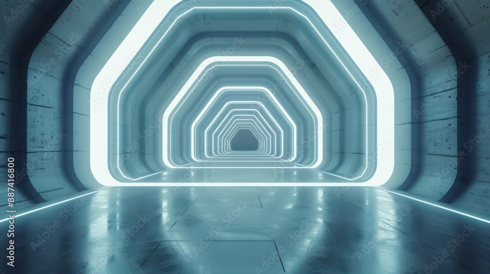Poster 4k animation loop futuristic sci fi lines white neon tube lights glowing in concrete floor room with