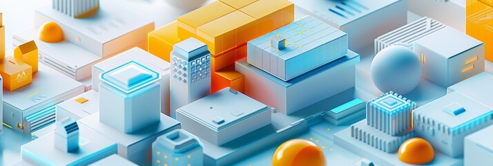 Obraz premium Abstract Futuristic 3D Render Minimalistic Style with Floating Geometric Shapes - Isometric Design, Light Color Theme, Bright Background, and Soft Lighting