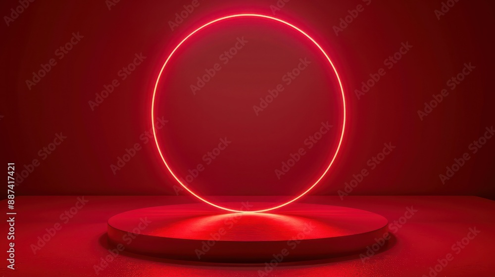 Poster red podium with a bright glowing blinking neon circle. 3d animation. futuristic showcase with platfo