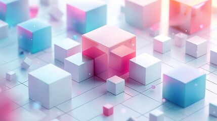 Fototapeta premium Abstract Futuristic 3D Render Minimalistic Style with Floating Geometric Shapes - Isometric Design, Light Color Theme, Bright Background, and Soft Lighting