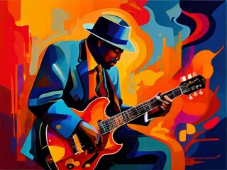 Obraz premium Jazz in pop art style. A bright abstract painting by a musician. Whirlwinds of color and shapes create dynamic and expressive works of art. AI Generated.