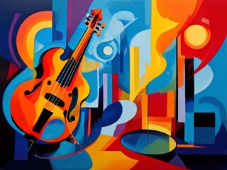 Jazz in pop art style. A bright abstract painting by a musician. Whirlwinds of color and shapes create dynamic and expressive works of art. AI Generated.