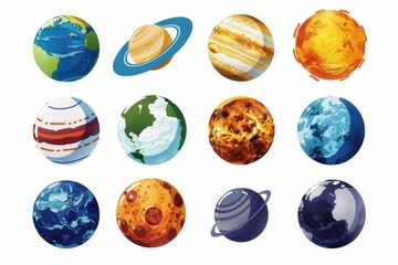 Fototapeta premium Solar System planets, Moon, Sun and comet icons isolated on white background. ice Uranus Neptune, Pluto. Rocky Mercury, Venus and Earth, Mars illustration on white background