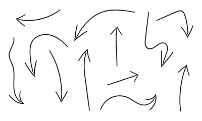 Doodle arrows set. Hand drown lines and curve scribbles. Vector scetch of abstract pointer in different shapes isolated on white background in eps 10.