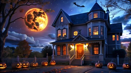 3D illustration of a Halloween concept background of a realistic horror house and creepy street with moonlight