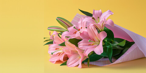 Aesthetic style photography of a bouquet of pink lilies wrapped in light purple and white stripe paper with green ribbon, on light yellow background