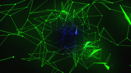 A  backdrop of green dots connected by thin glowing lines network  elegant plexus effect with black background Digital generated glowing lines organized into plexus.