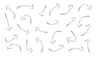 Doodle arrows set. Hand drown lines and curve scribbles. Vector scetch of abstract pointer in different shapes isolated on white background in eps 10.