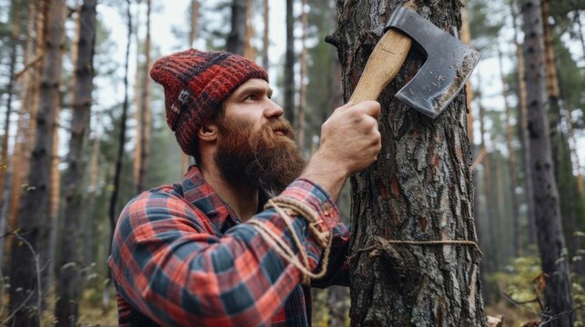 A bearded lumberjack, wearing a red and black flannel shirt and a beanie, stands in a forest, holding an axe against a tree trunk, looking up thoughtfully at the trees