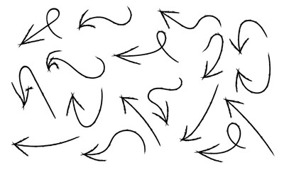 Doodle arrows set. Hand drown lines and curve scribbles. Vector scetch of abstract pointer in different shapes isolated on white background in eps 10.