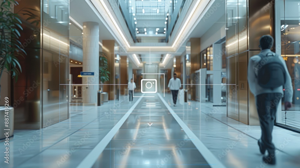 Poster A security camera feed showing the lobby of a large, modern office building. The footage highlights behavior detection and facial recognition overlays, with labels and annotations. Generative AI.