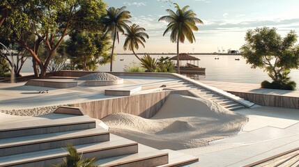Fototapeta premium A small modern sports center with rooftop stairs, sand pits, skateboard area, leisure area, and some greenery. Located next to the dock, it boasts a bright environment. Generative AI.