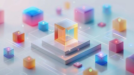 Obraz premium Abstract Futuristic 3D Render Minimalistic Style with Floating Geometric Shapes - Isometric Design, Light Color Theme, Bright Background, and Soft Lighting