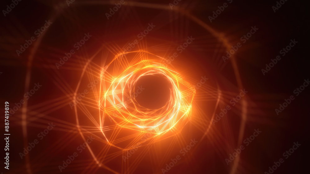 Poster abstract bright yellow glowing background with a tunnel of lines and stripes of energy of burning ra