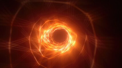 Abstract bright yellow glowing background with a tunnel of lines and stripes of energy of burning rays of plasma and electricity with light