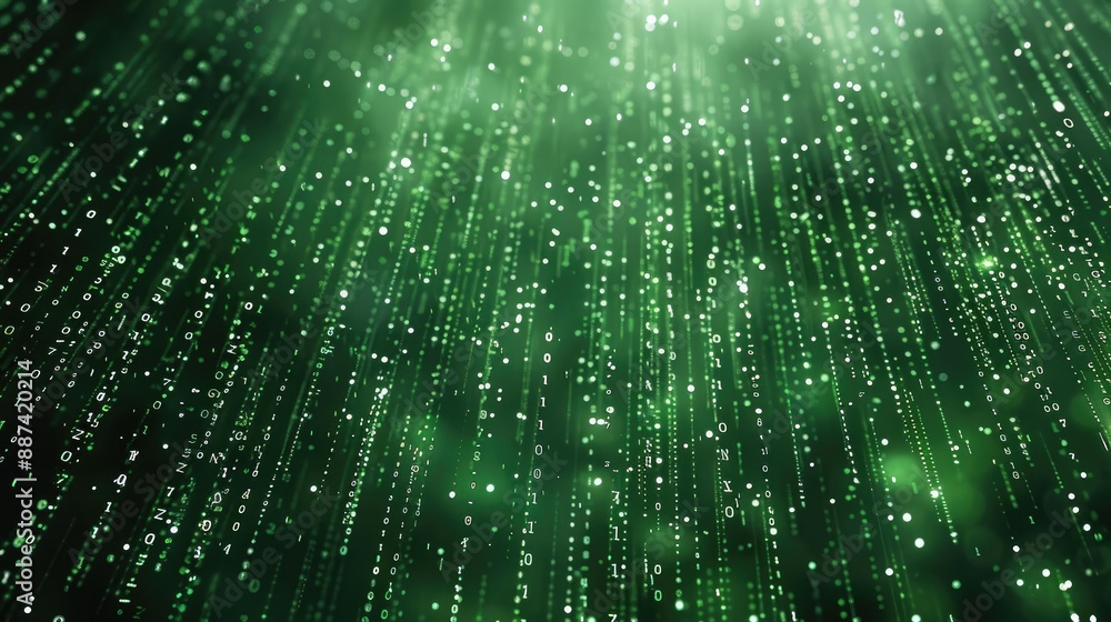 Poster computer green matrix rain, raining straight down heavily, binary code in the rain. generative ai.