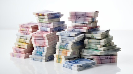Large Stacks Of Colorful Euro Banknotes Neatly Arranged On White Background