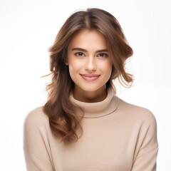 Fototapeta premium Smiling Woman With Long Brown Hair Wearing Beige Sweater In Studio Portrait