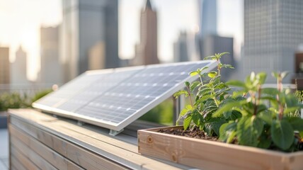 Fototapeta premium A rooftop garden with solar panels, showcasing a sustainable approach to urban living.