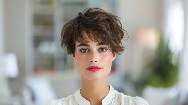 A woman with a pixie cut and a bold red lip, exuding confidence and power.