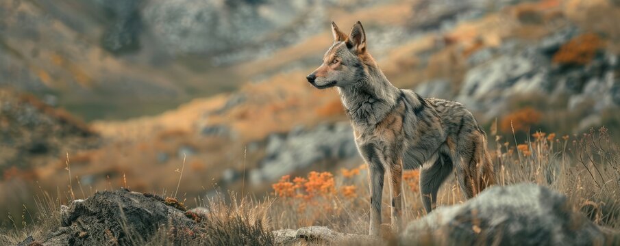 Majestic wild coyote standing in a rocky meadow, surrounded by autumn foliage and mountains in the background.