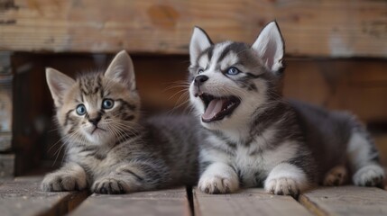 Adorable kitten and husky puppy lying together on wooden floor. Cute and playful scene. Perfect for pet lovers and animal enthusiasts.