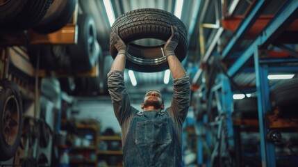 Fototapeta premium Car mechanic is holding up a tire in his hands at the shop