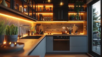 Modern kitchen in the house, warm lamp lighting, comfort. Generative AI.