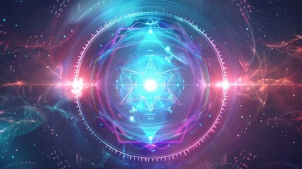 Obraz premium Geometric spiritual symbols glowing in vibrant space