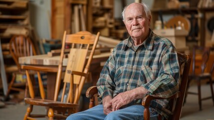Obraz premium Elderly man in workshop with wooden furniture, tools, and workbenches, showcasing his craftsmanship