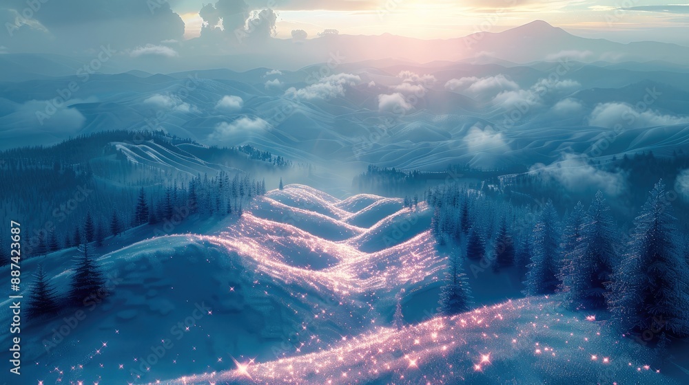 Fototapete Double exposure mysterious binary twilights octane render rolling hills landscape. Generative AI.
