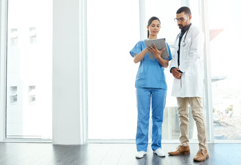 Fototapeta premium Collaboration, doctor and nurse on tablet for research, telehealth and health service. Technology, teamwork and medical people in hospital for planning, results or discussion of clinic report online