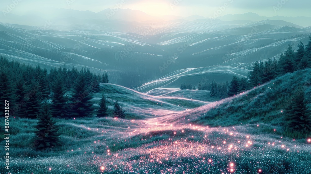 Fototapete Double exposure mysterious binary twilights octane render rolling hills landscape. Generative AI.