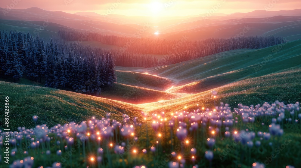 Fototapete Double exposure mysterious binary twilights octane render rolling hills landscape. Generative AI.
