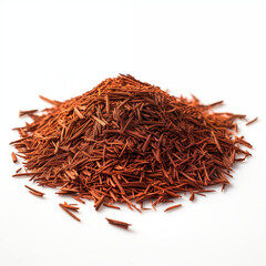 Fototapeta premium Pile of Brown Shredded Wood Chips on White Background Emphasizing Their Use as Natural Mulch for Landscaping and Gardening