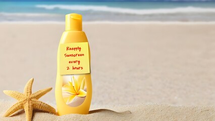 Sunscreen lotion bottle with text note REAPPLY AFTER 2 HOURS, on the sand beach, apply UV protection under hot summer sun to avoid sunburn, skin cancer, skin aging and risks of sunlight overexposure