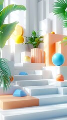 Abstract Futuristic 3D Render Minimalistic Style with Floating Geometric Shapes Isometric Design, Light Color Theme, Bright Background, and Soft Lighting
