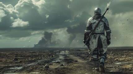 A person dressed as a knight walks on a dirt road, suitable for medieval-themed events or fantasy stories
