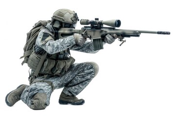 Fototapeta premium A person in camouflage attire is holding a rifle and aiming, suitable for use in military or outdoor-related contexts