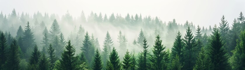 Fototapeta premium A serene forest landscape with tall evergreen trees shrouded in morning mist, creating a calming and peaceful natural scenery.