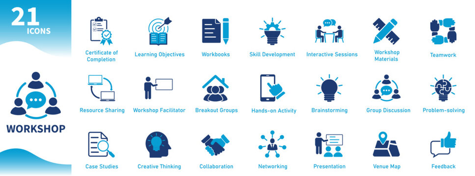 Workshop icon. Set of icons for work, office, group discussion, workbooks, presentation, case studies