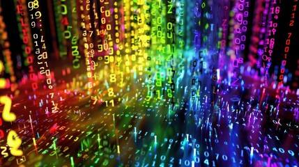 Bright cascading digital numbers in a colorful stream