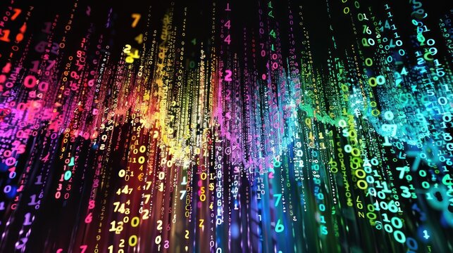 Rainbow-hued digital streams of binary code flowing