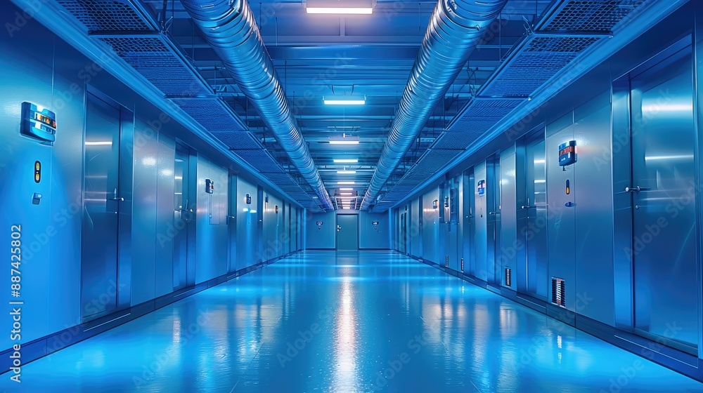 Fototapete a ceiling showing conduits and cabling typical in the ceiling of a high tech office, predominantly b