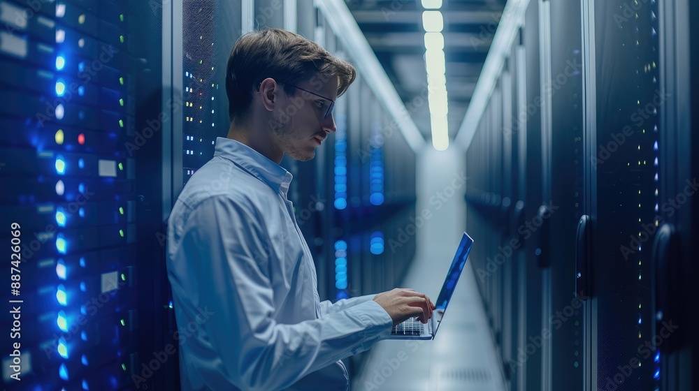 Leinwandbilder young male employee using laptop computer in data center. generative ai.