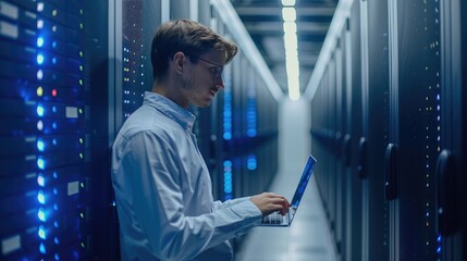 Young male employee using laptop computer in data center. Generative AI.