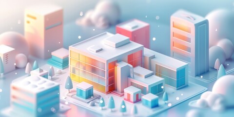 Abstract Futuristic 3D Render Minimalistic Style with Floating Geometric Shapes Isometric Design, Light Color Theme, Bright Background, and Soft Lighting
