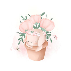 Watercolor Illustration Cute Rabbit Sleeps in Vase with Pink Flowes