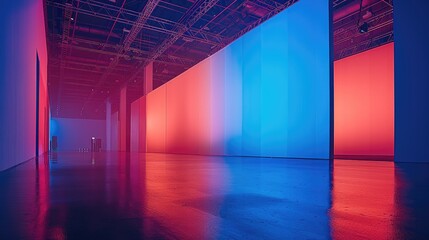 Huge wide blue led screen at event hall, a lot of light, blue and peach colors, minimalistic and modern interior. Generative AI.