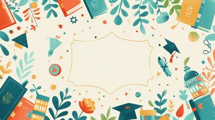 A delightful minimalist illustration featuring a blank central frame, perfect for customization, surrounded by a university-themed border. The border includes adorable elements such as smiling books,